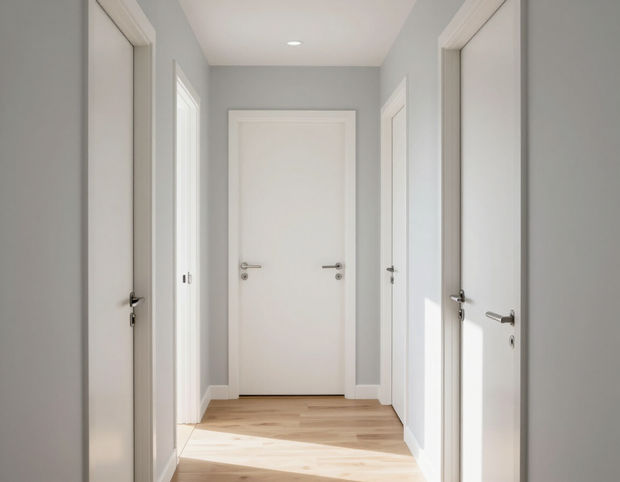 Clean residential interior hallway showing newly fitted modern interior passage doors.
