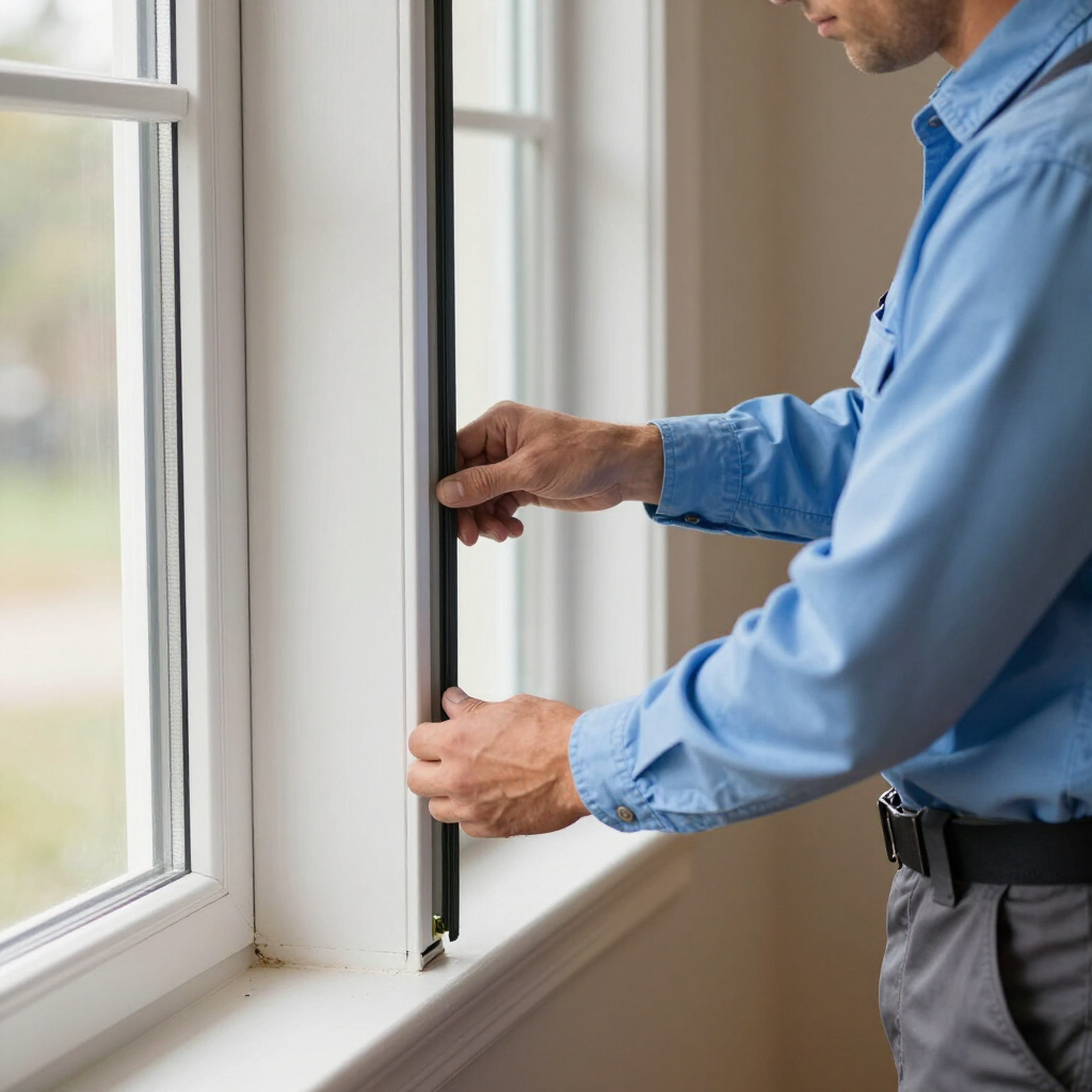 Technician examining the alignment and perimeter seal of a vinyl window frame.
