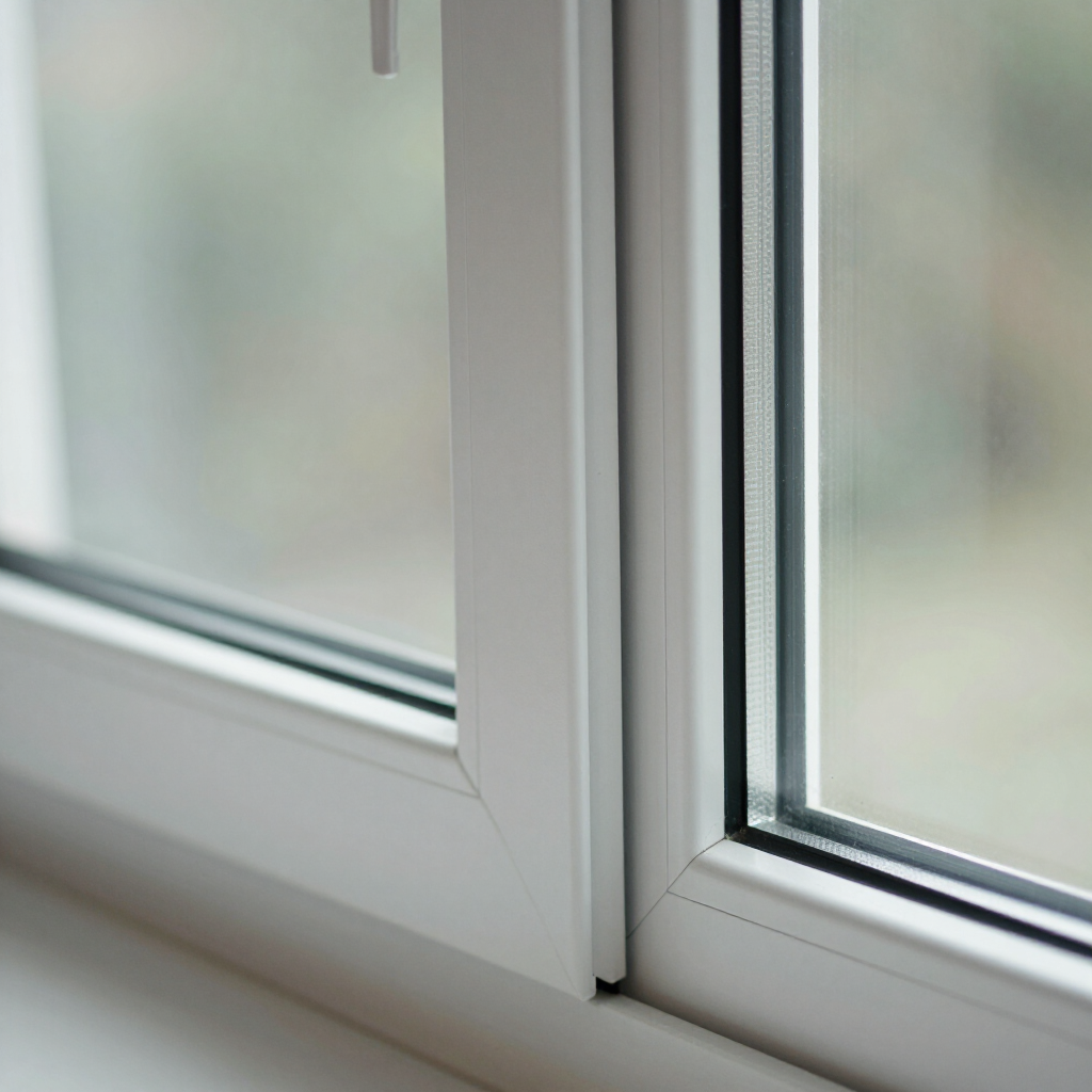 Close-up detail of an energy-efficient double-pane vinyl window corner frame.