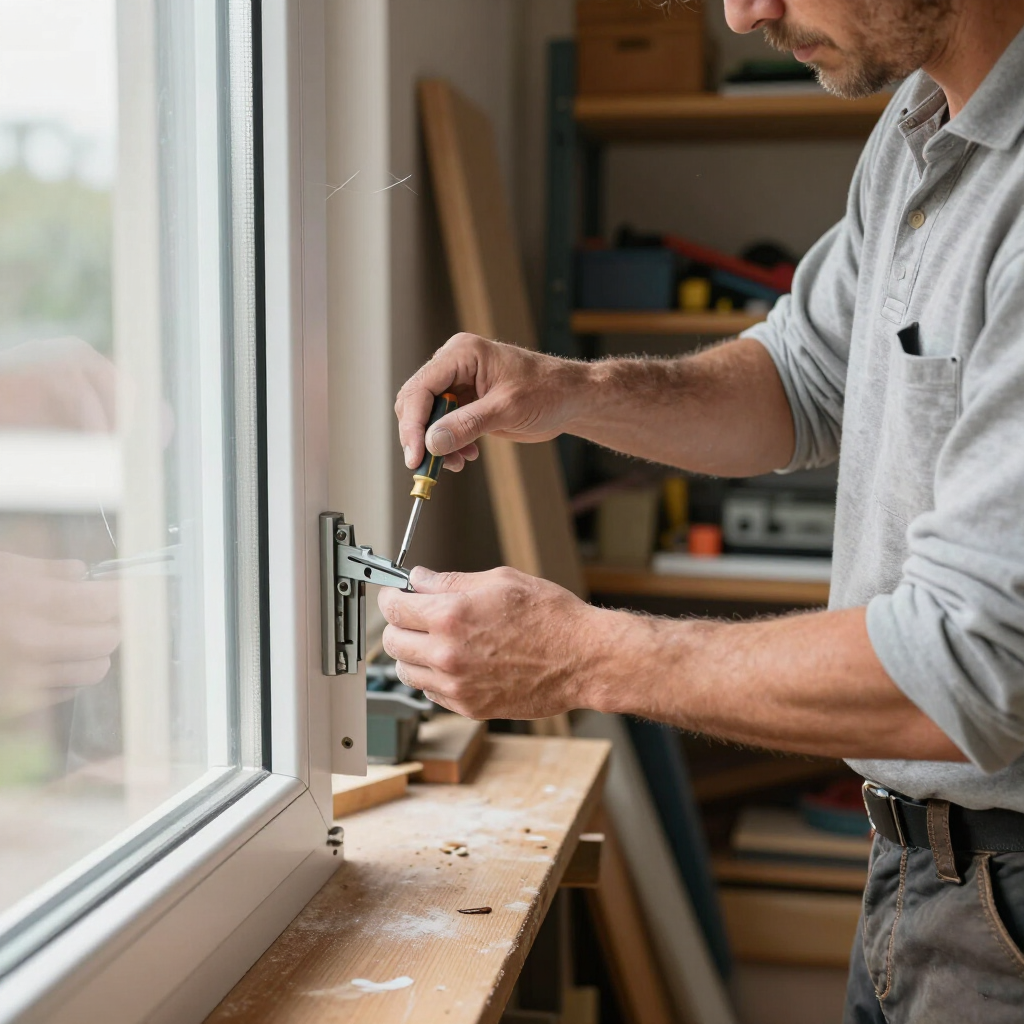 Professional technician inspecting the sash balance system on a double-hung vinyl window.