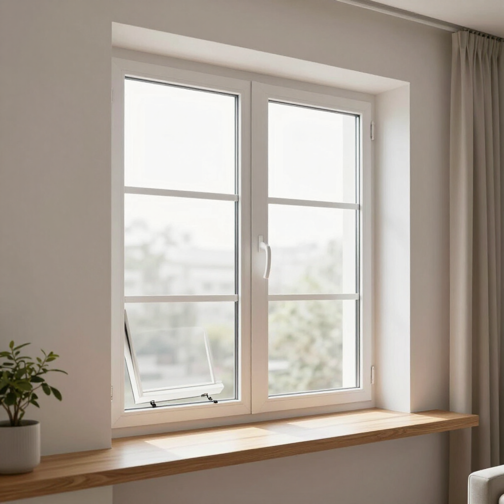 Double-hung vinyl window showing the upper and lower sashes tilted inward for tilt-in cleaning.