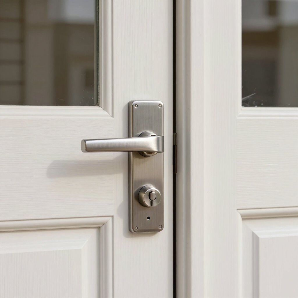 Close-up of modern hardware set on a newly installed front entry door.