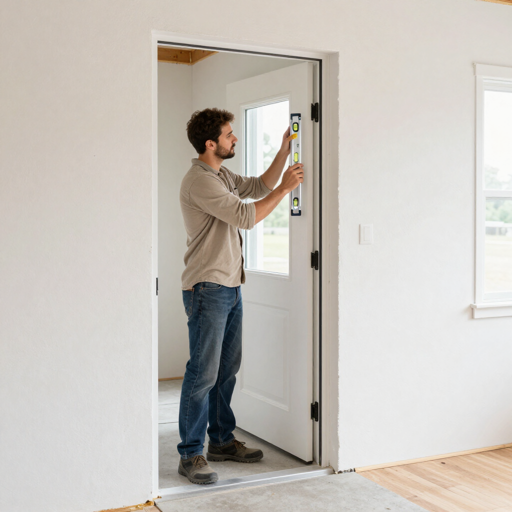 Installer checking the plumb alignment of a new front entry door frame.
