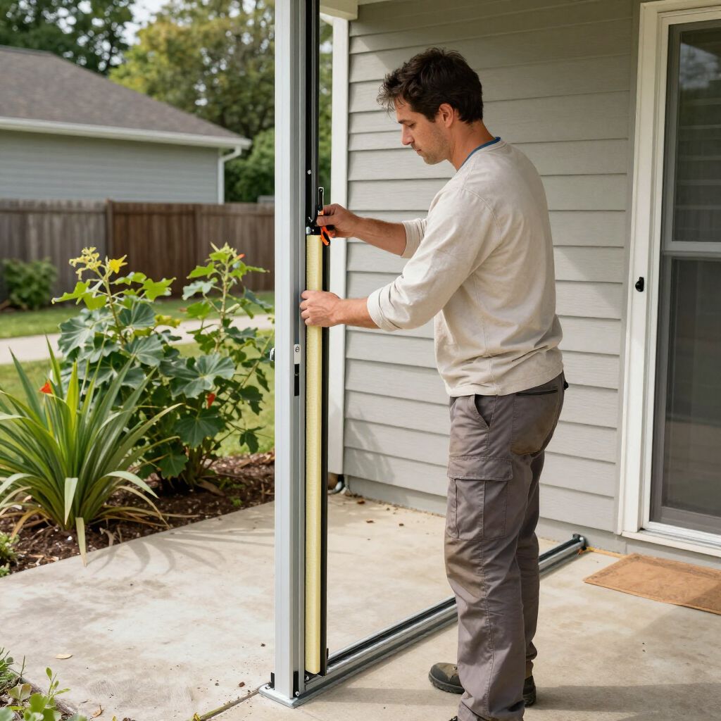 Installer sealing and aligning a new exterior door frame on a residential property.