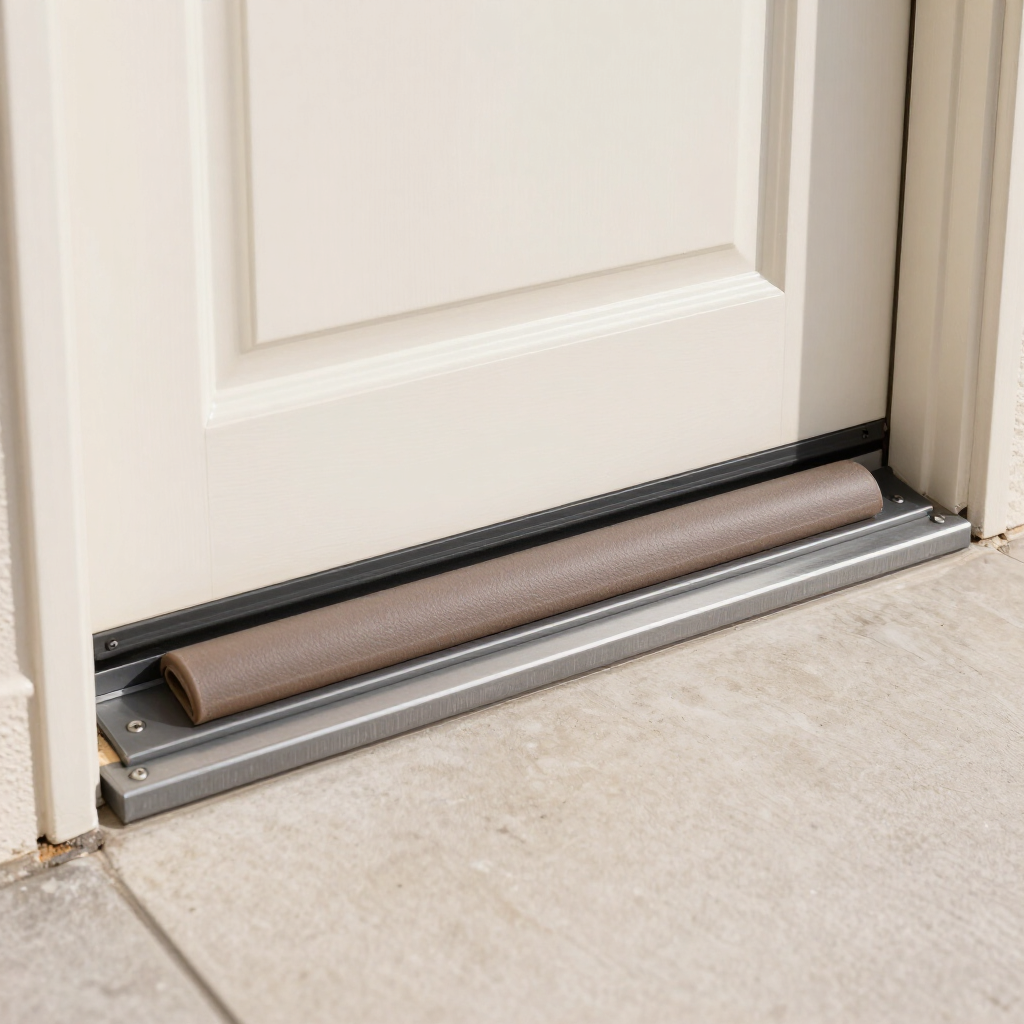 Close-up of modern threshold seal on a newly installed exterior door.
