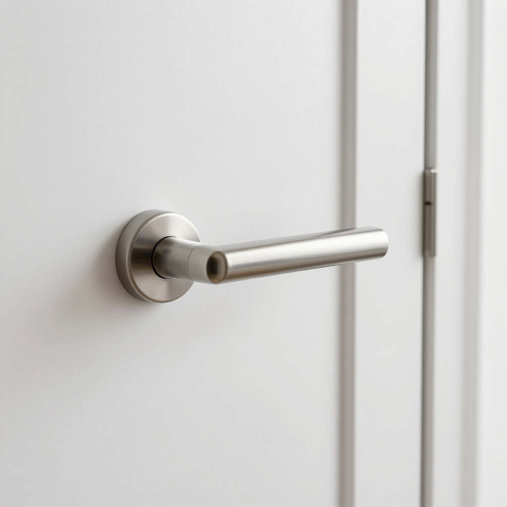Modern interior door lever handle installed on a fresh white interior door panel.