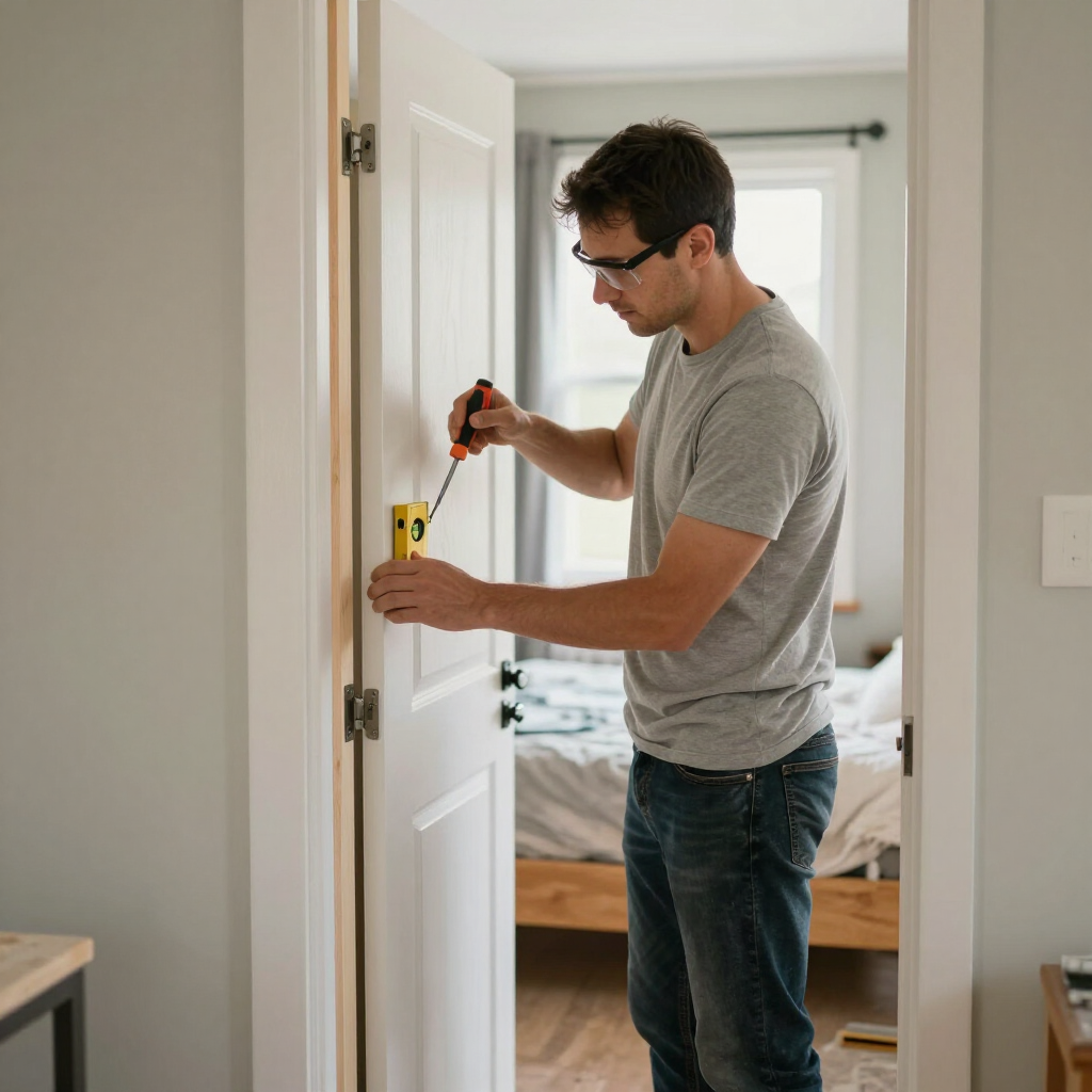 Carpenter checking hinge alignment on a new interior passage door.