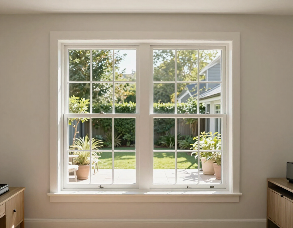 Bright residential living space featuring a clean double-pane vinyl window setup.