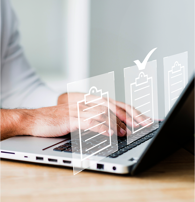 Person typing on a laptop with transparent checklist icons overlaid, one marked complete.
