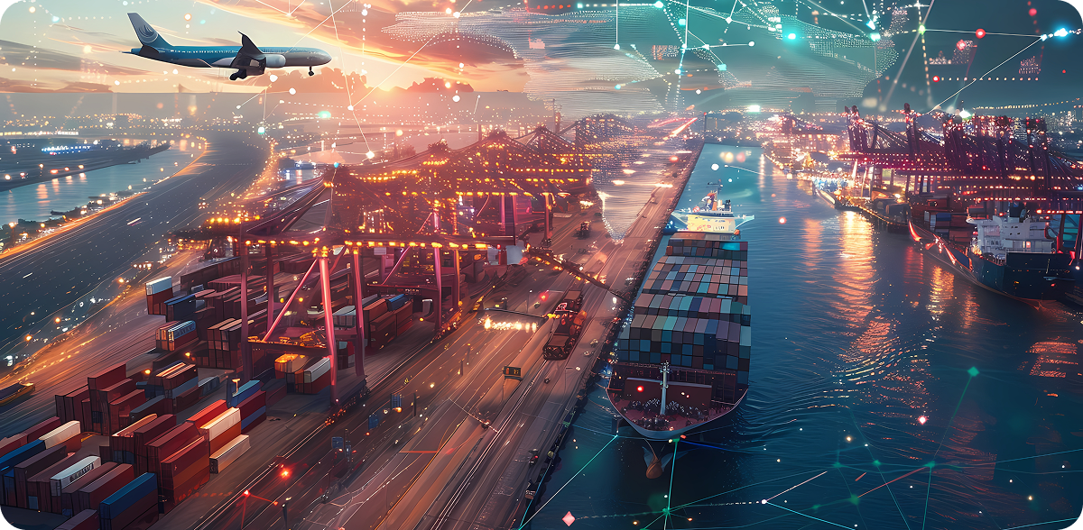 Aerial view of a port with a cargo ship, containers, an airplane, and a digital network overlay.