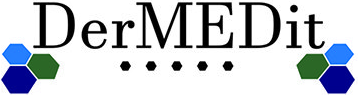 A logo for dermedit with blue and green hexagons