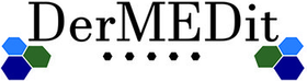 A logo for dermedit with blue and green hexagons