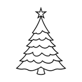 Un disegno in bianco e nero di un albero di Natale con una stella in cima.