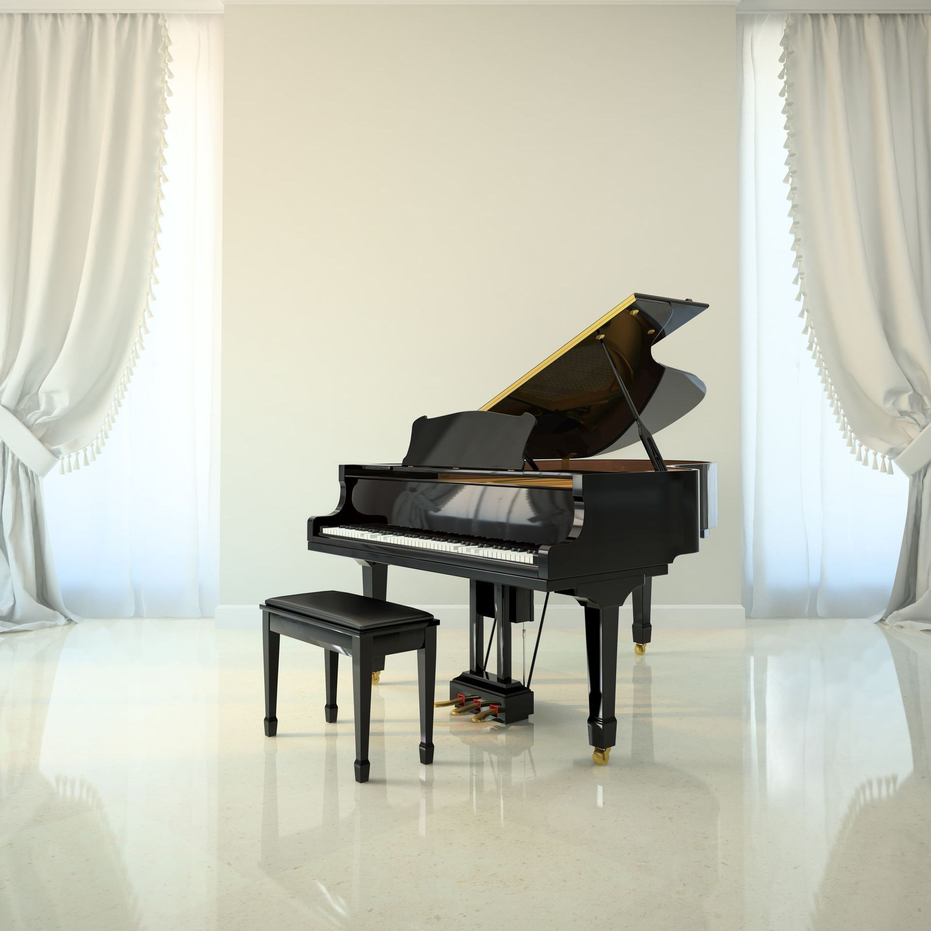Black grand piano with stool in a room with white curtains and glossy flooring.