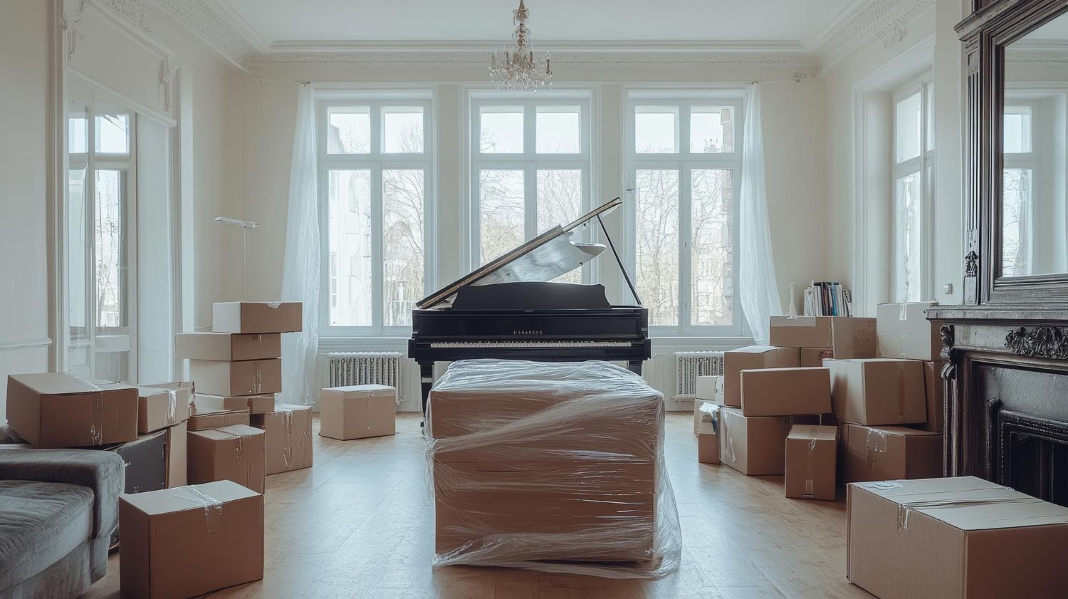 A grand piano and boxes surround a wrapped object in a bright room with large windows; moving day.
