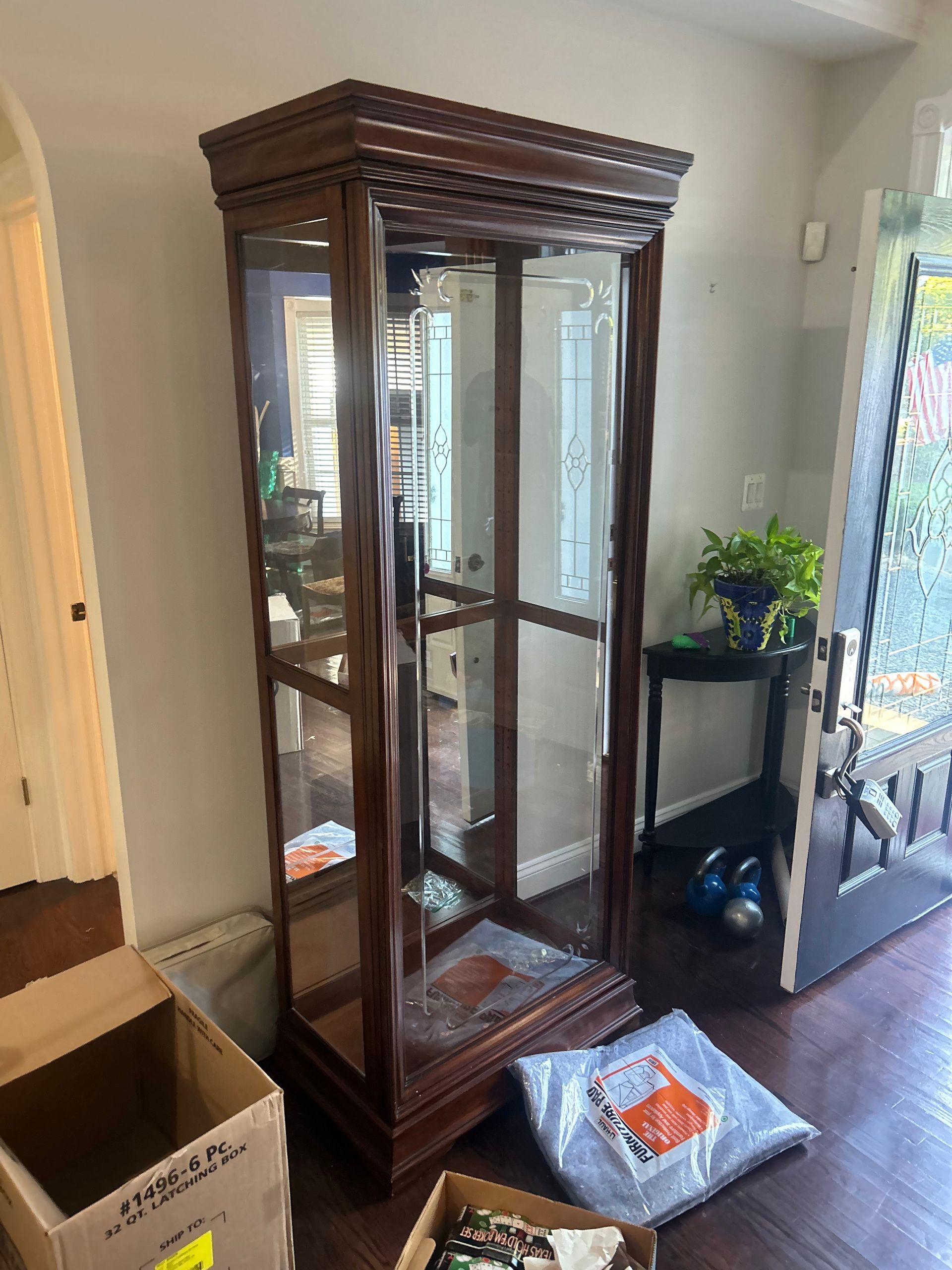 A glass cabinet is sitting in a living room next to boxes.