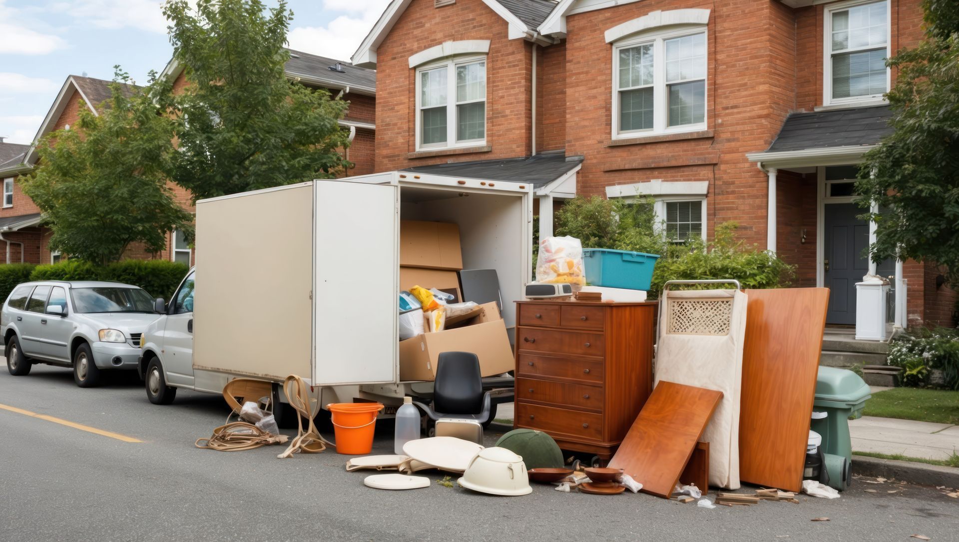 Rubbish and old furniture piled on a residential street beside a white truck and brick houses