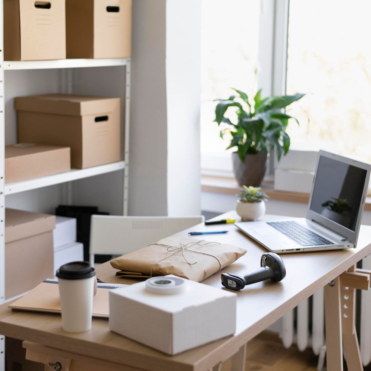 A desk with a laptop and a cup of coffee on it
