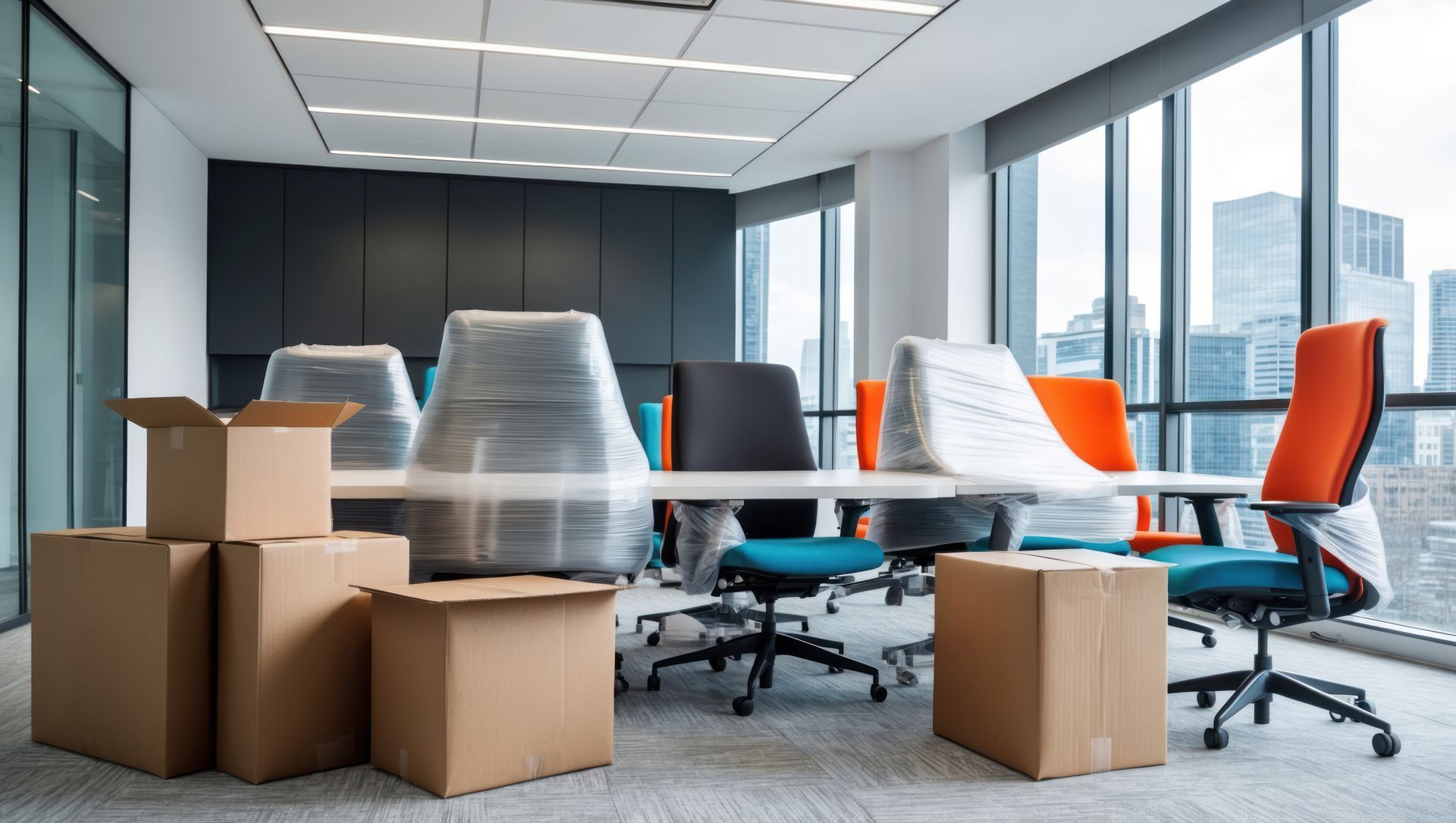 A room with a lot of boxes and chairs in it.