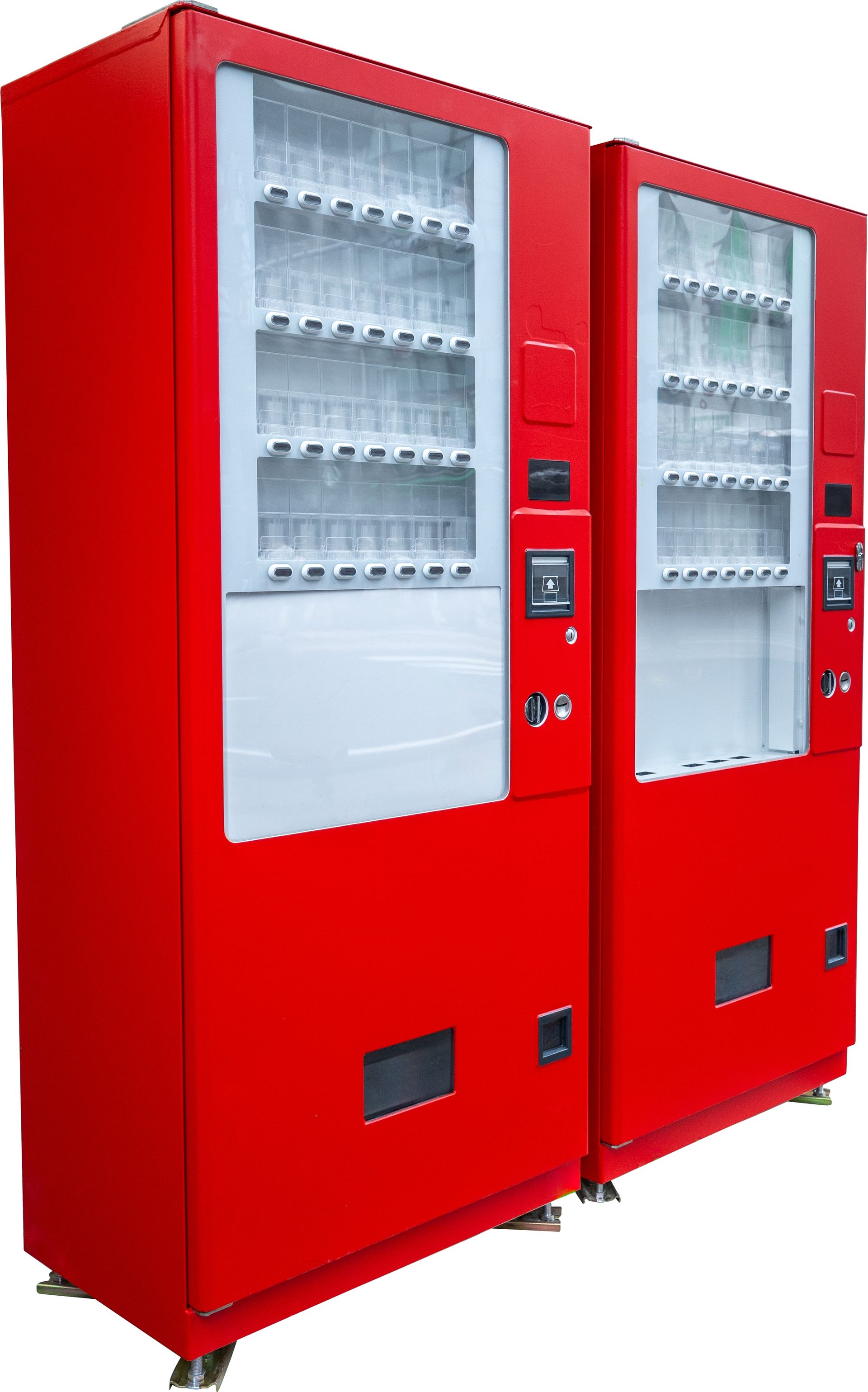 Two red vending machines side-by-side, with see-through product display areas.