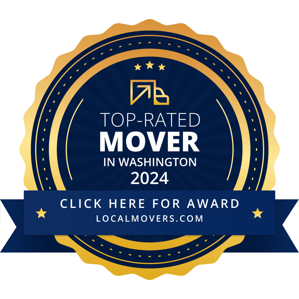 Top-Rated Mover in Washington 2024 badge. Dark blue and gold, with arrow icon.