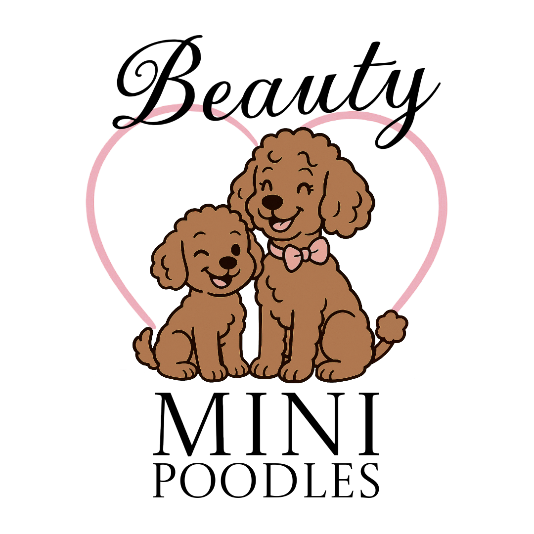 Logo featuring two brown poodles - a mom and a puppy - within a pink heart, with 