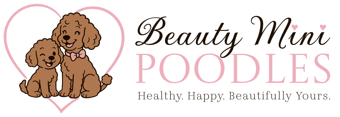 Logo featuring two brown poodles - a mom and a puppy - within a pink heart, next to 