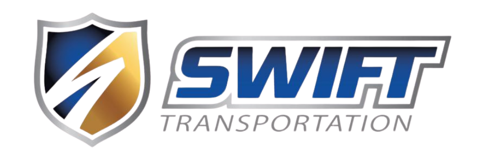 Swift Transportation logo with blue text and a gold-and-blue shield icon on a white background