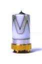 A white candle holder with a gold base on a white background.