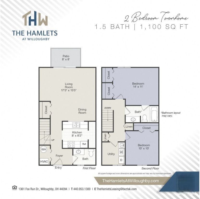 Floor plan of a 2-bedroom, 1.5-bath townhouse at The Hamlets at Willoughby. Includes square footage, rooms, and layout.