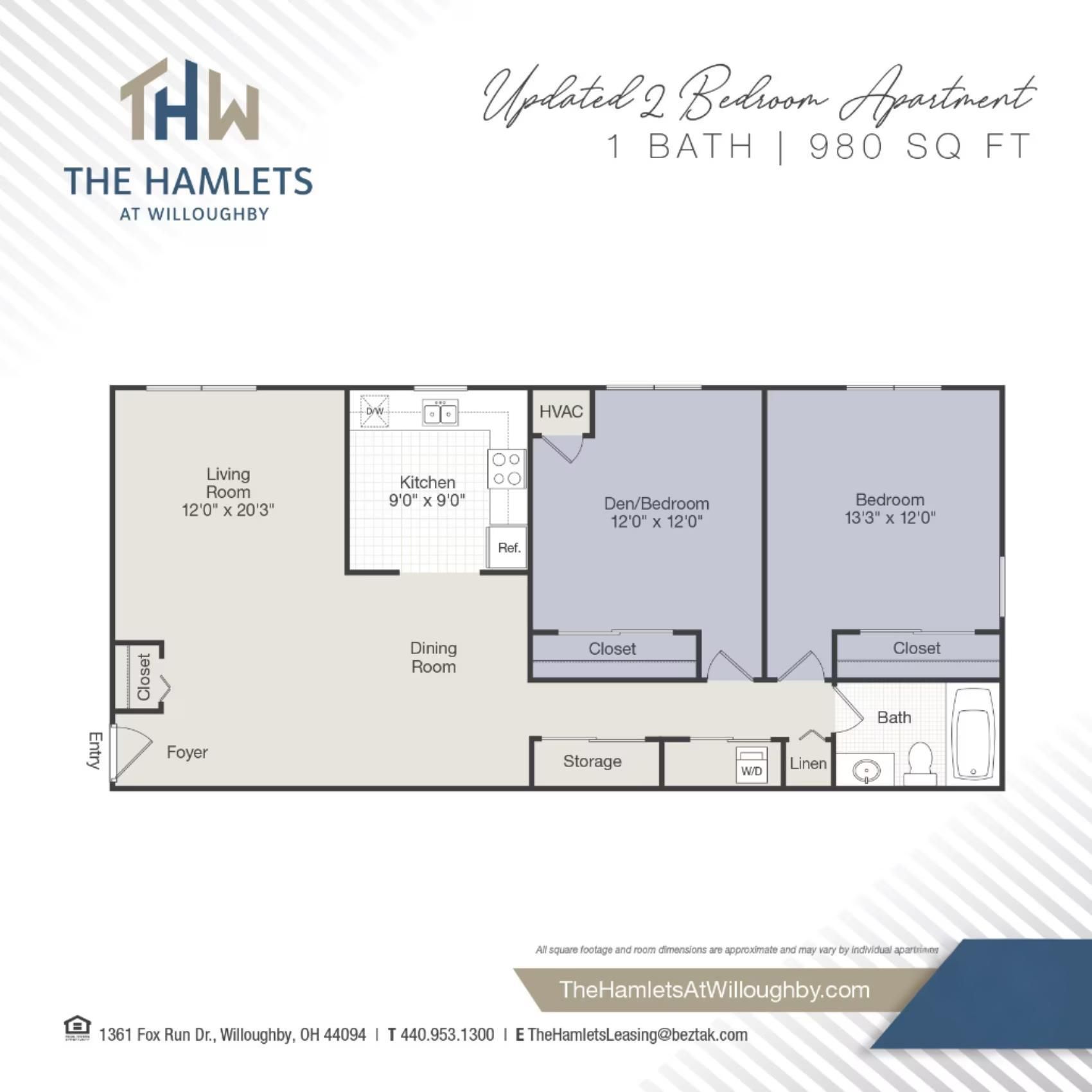 Floor plan of a 2-bedroom, 1-bath apartment at The Hamlets at Willoughby, with 980 sq ft.