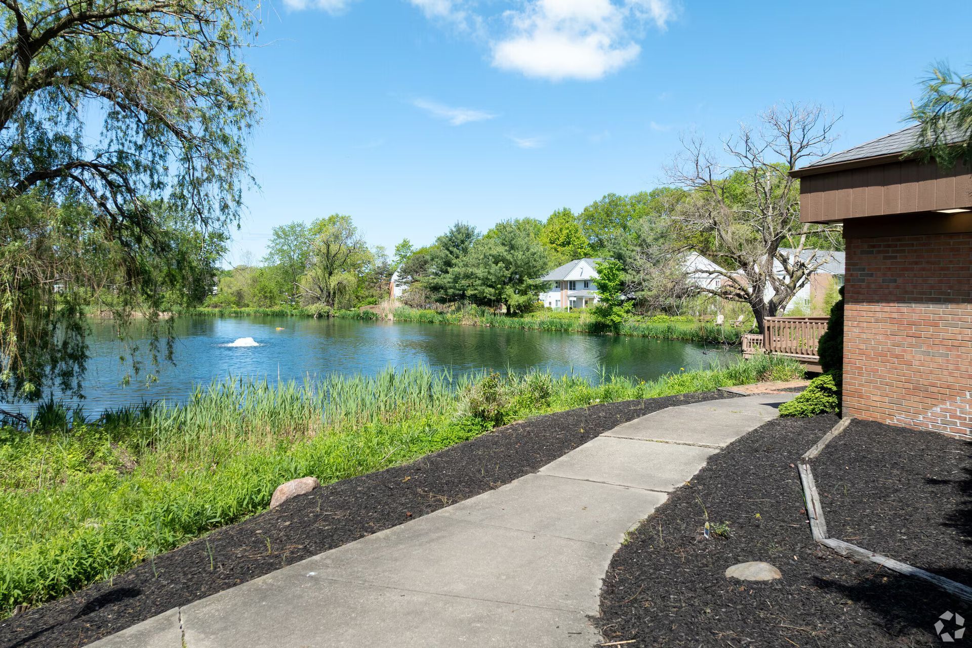Paved path beside a lake with trees and houses under a blue sky.