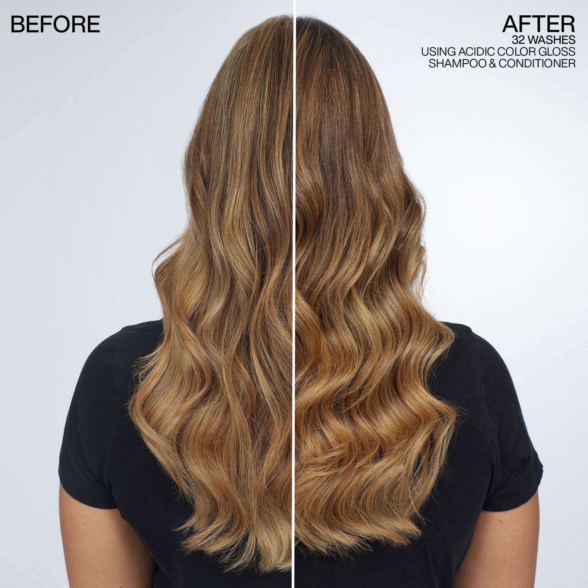 A woman 's hair is shown before and after using a shampoo and conditioner.