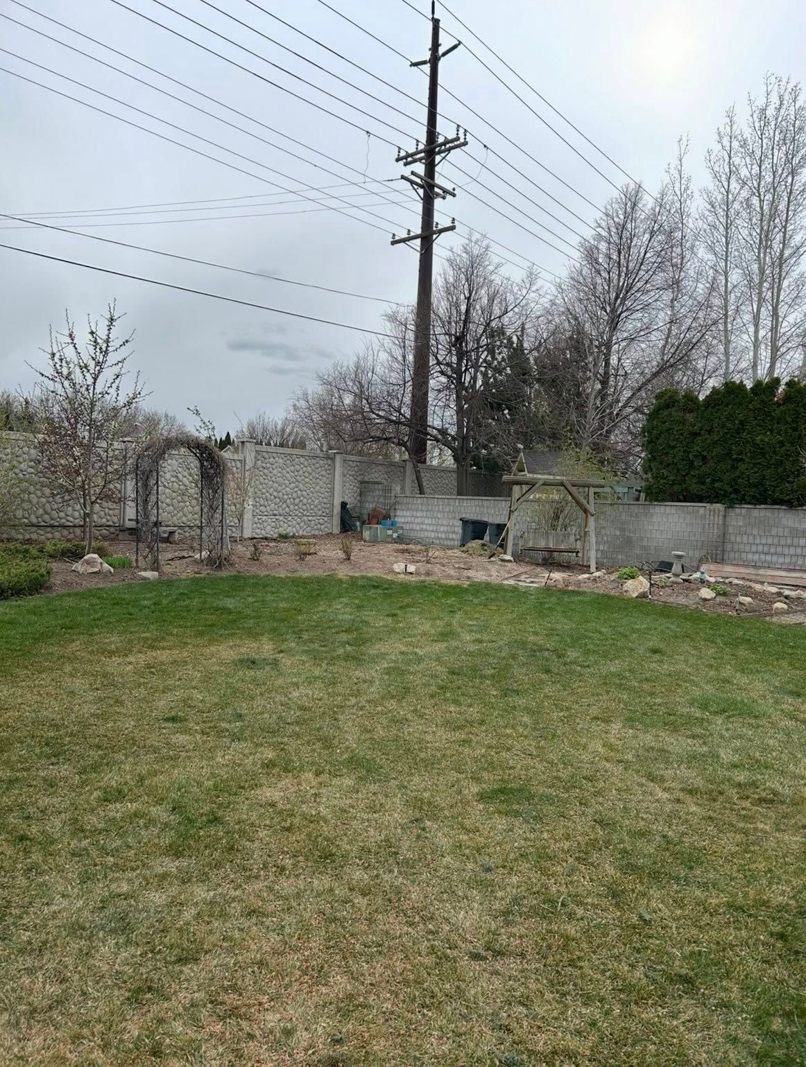 Backyard lawn with a stone wall, leafless trees, and utility poles under an overcast sky