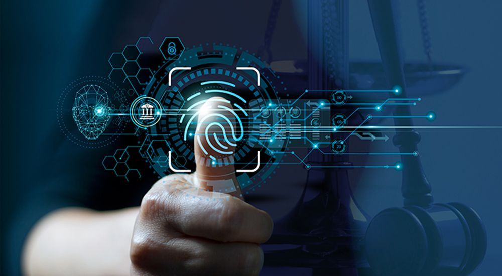A person is pressing a button on a virtual screen.