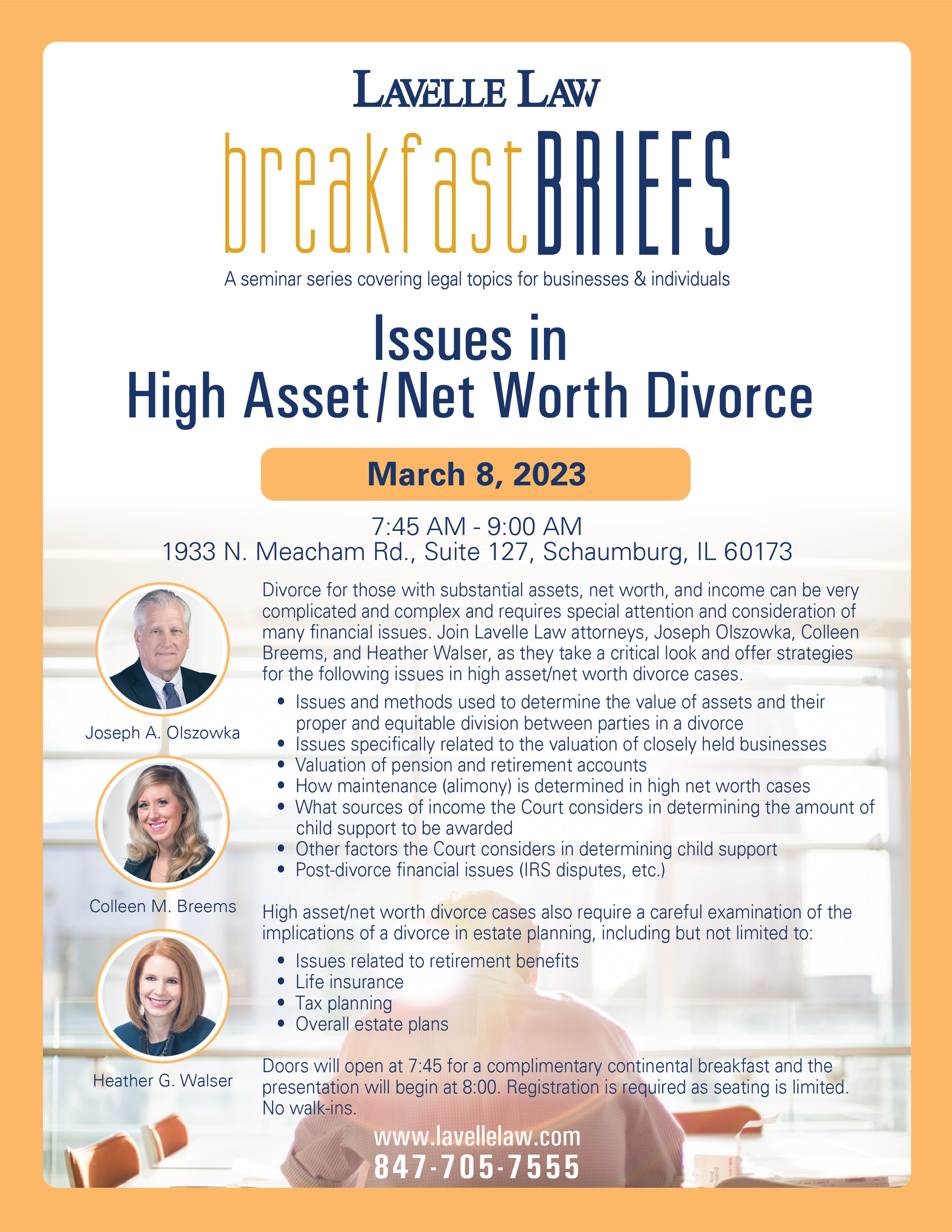 A poster for breakfast briefs issues in high asset / net worth divorce