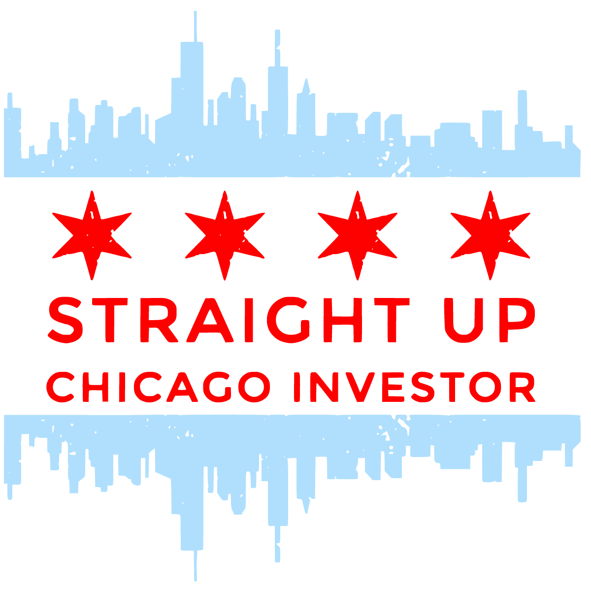 A logo for straight up chicago investor with a city skyline in the background
