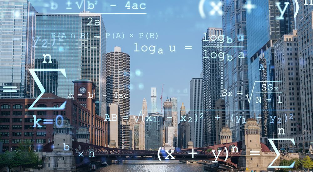 A city skyline with a river in the foreground and mathematical equations in the background.