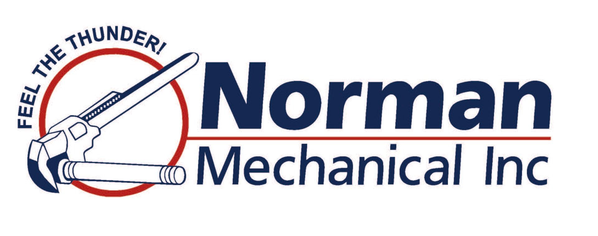 The logo for norman mechanical inc shows a chainsaw