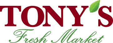 The logo for tony 's fresh market has a green leaf on it.