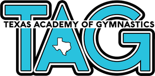 Logo for Texas Academy of Gymnastics featuring large blue "TAG" letters with a white outline of Texas inside the "A".