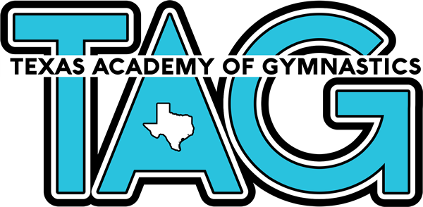 Logo for Texas Academy of Gymnastics featuring blue letters T, A, G, with a small white map of Texas inside the letter A.