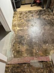 A dirty floor in a room with stairs leading up to it.