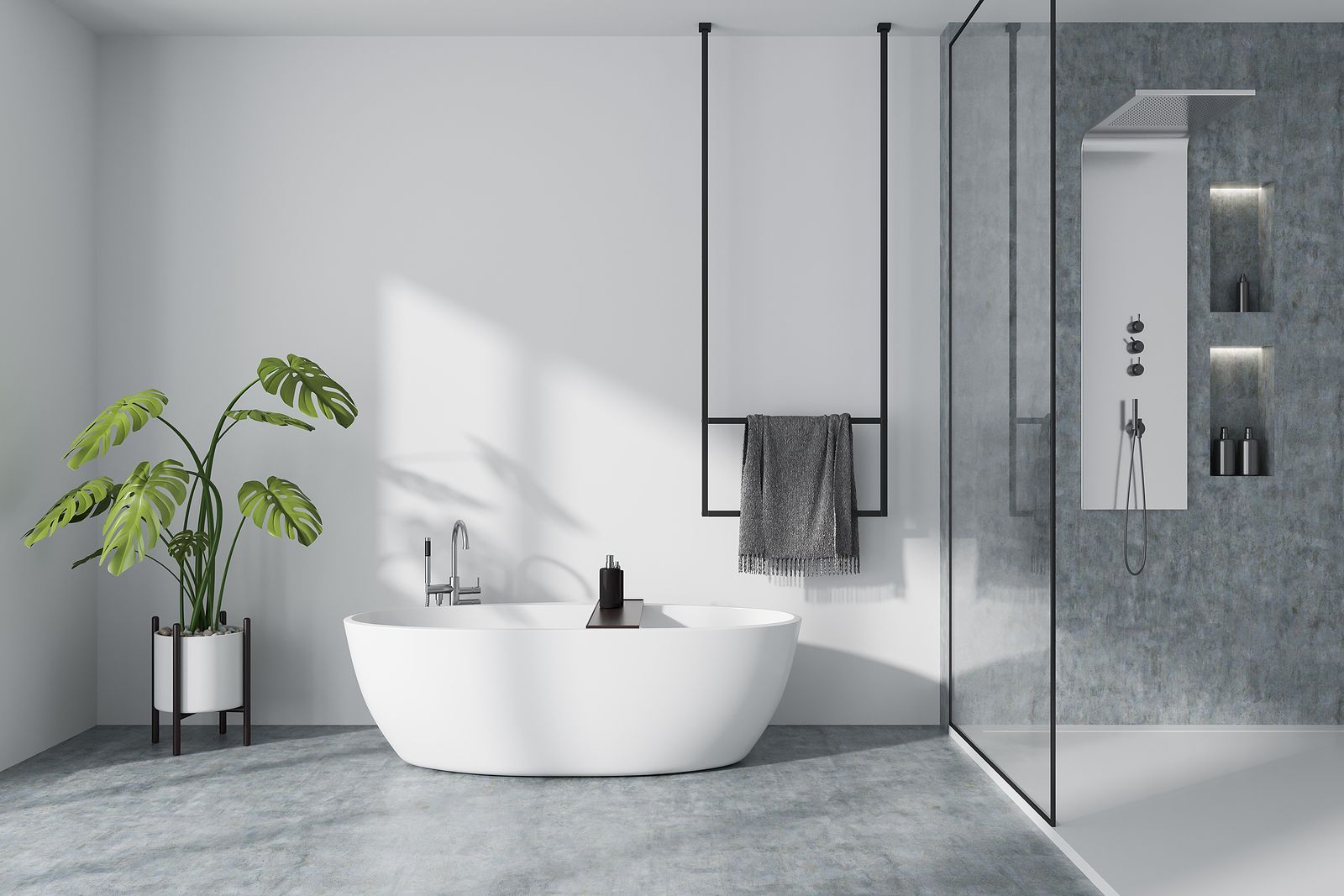 A bathroom with a bathtub and a walk in shower.