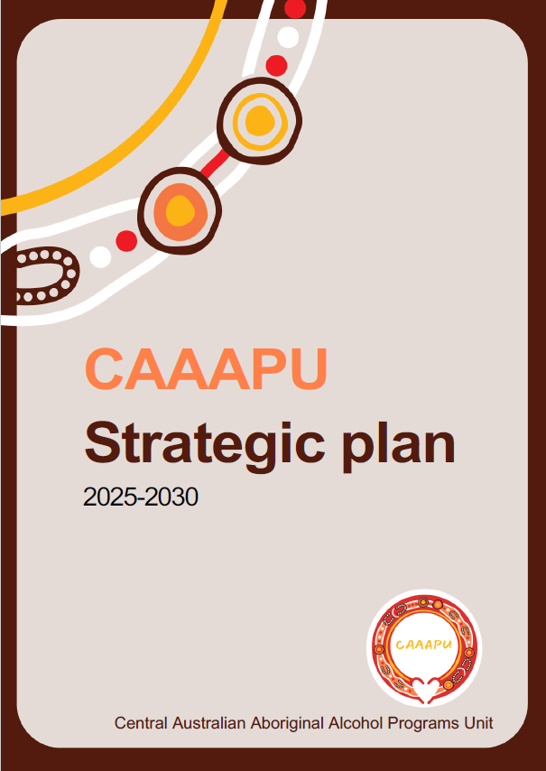 Cover of the CAAAPU Annual Report with Aboriginal artwork in red, orange, and white,