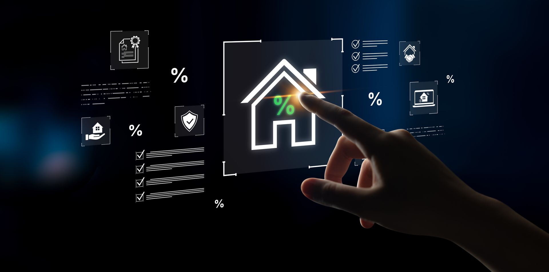 Hand touching a glowing smart home icon on a dark digital interface with connected app symbols
