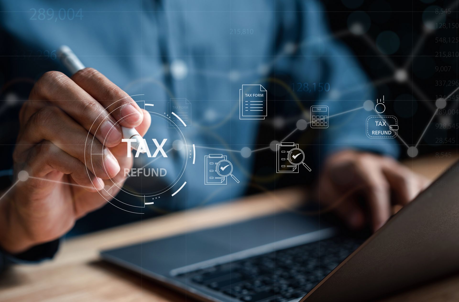 Laptop and digital graphics showing tax savings from a property tax law firm.
