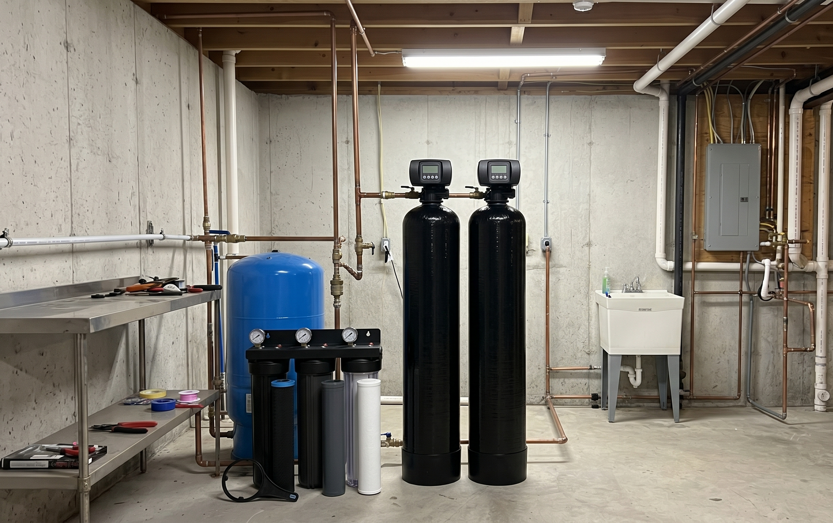 Well water filtration system in a basement in CT