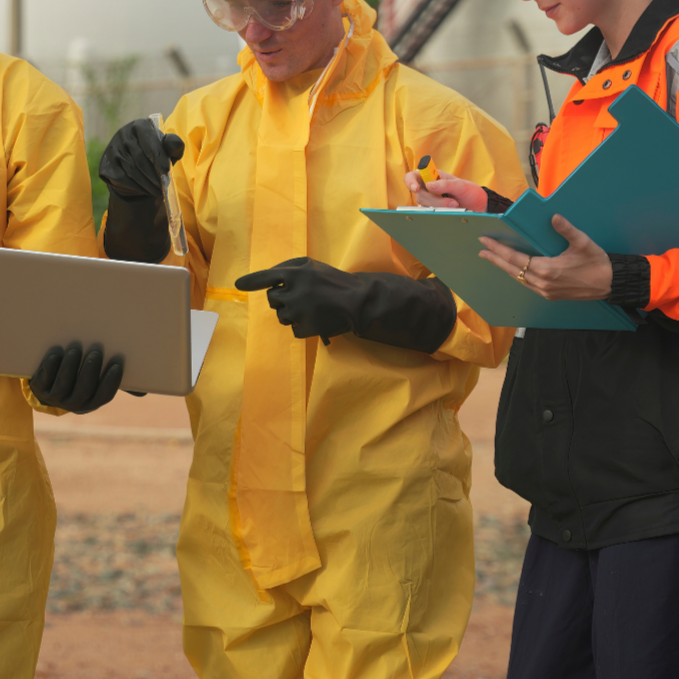 People in yellow hazmat suits and safety gear discussing notes and a laptop outdoors.