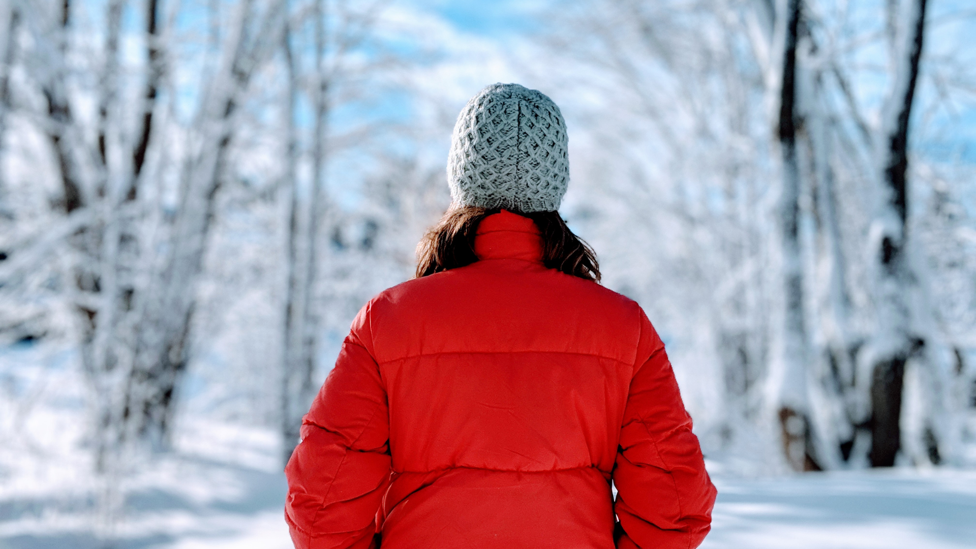 Person in a red jacket and gray hat, walking in snow-covered woods.